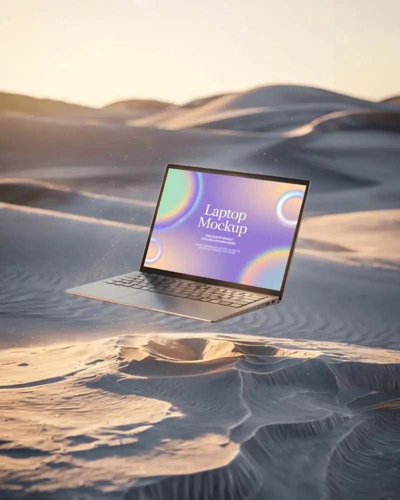 Levitating Laptop Mockup Above Sunset Lit Sand Dunes With Golden Soft Dusty Light