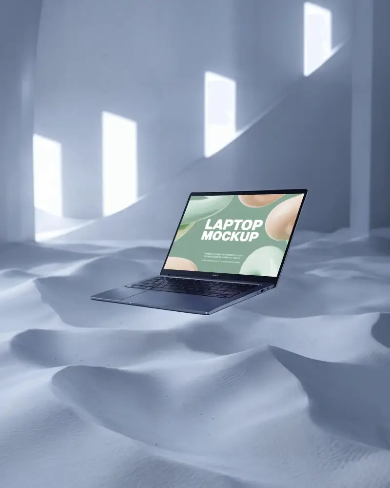 White Sand Dunes Laptop Mockup Minimalist Light Cube Shadows Modern Artistic Scene