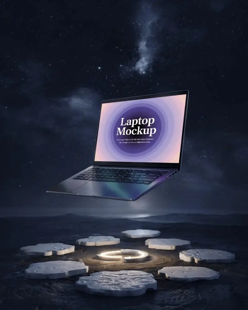 Cosmic Laptop Mockup Floating In Space Above Glowing Symbolic Platform Under Stars