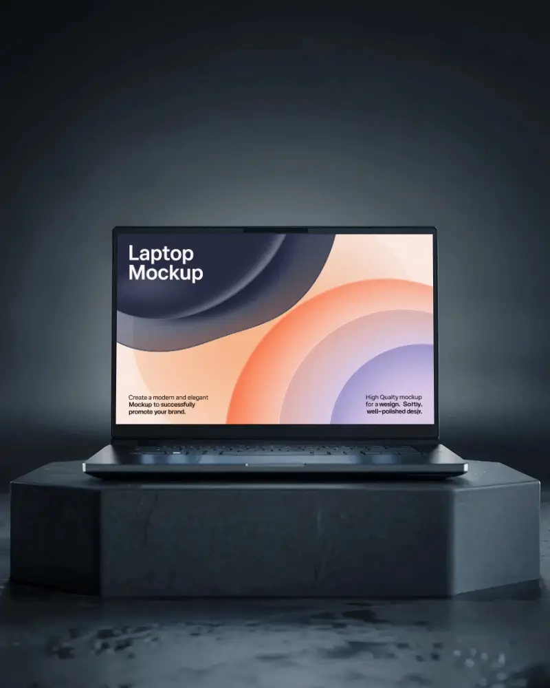 Dark Podium Laptop Mockup Centered On Octagon Stage In Moody Studio Lighting