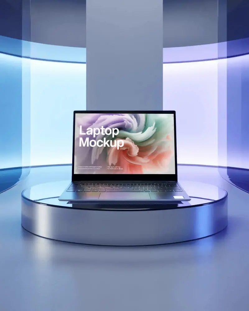 Futuristic Lightroom Laptop Mockup On Glass Podium With Gradient Blue Purple Glow