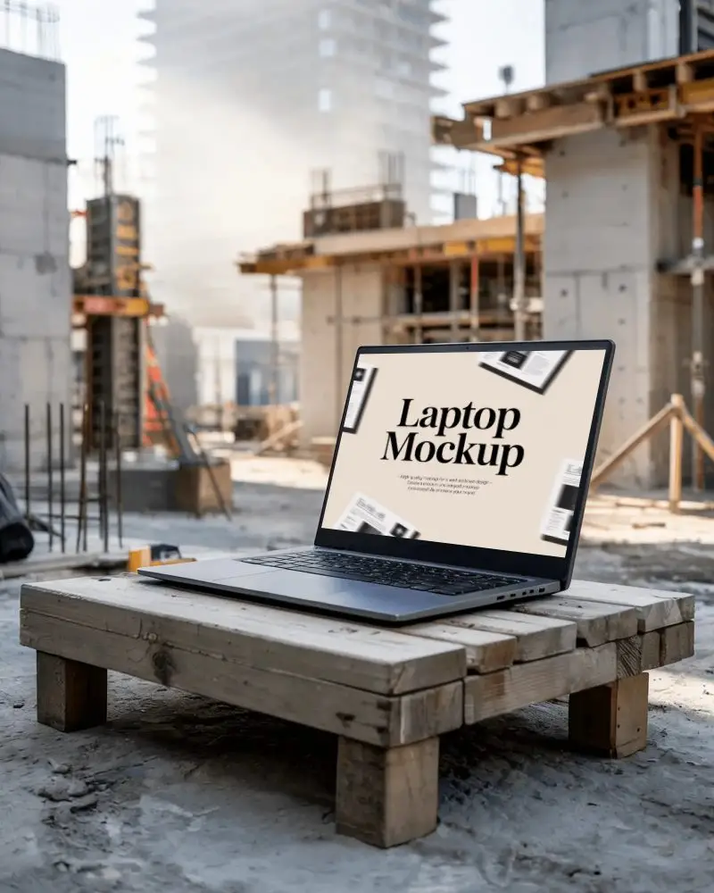 Construction Site Laptop Mockup On Wooden Bench Surrounded By Rebar And Building Frame