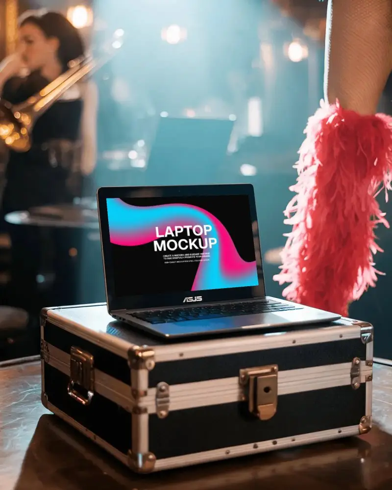 Asus Laptop Mockup On Music Case In Retro Bar With Performer And Brass Band Vibes