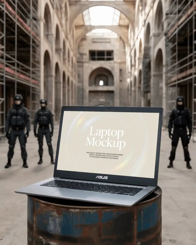Windows Laptop Mockup On Oil Drum In Abandoned Warehouse With Armed Security Guards