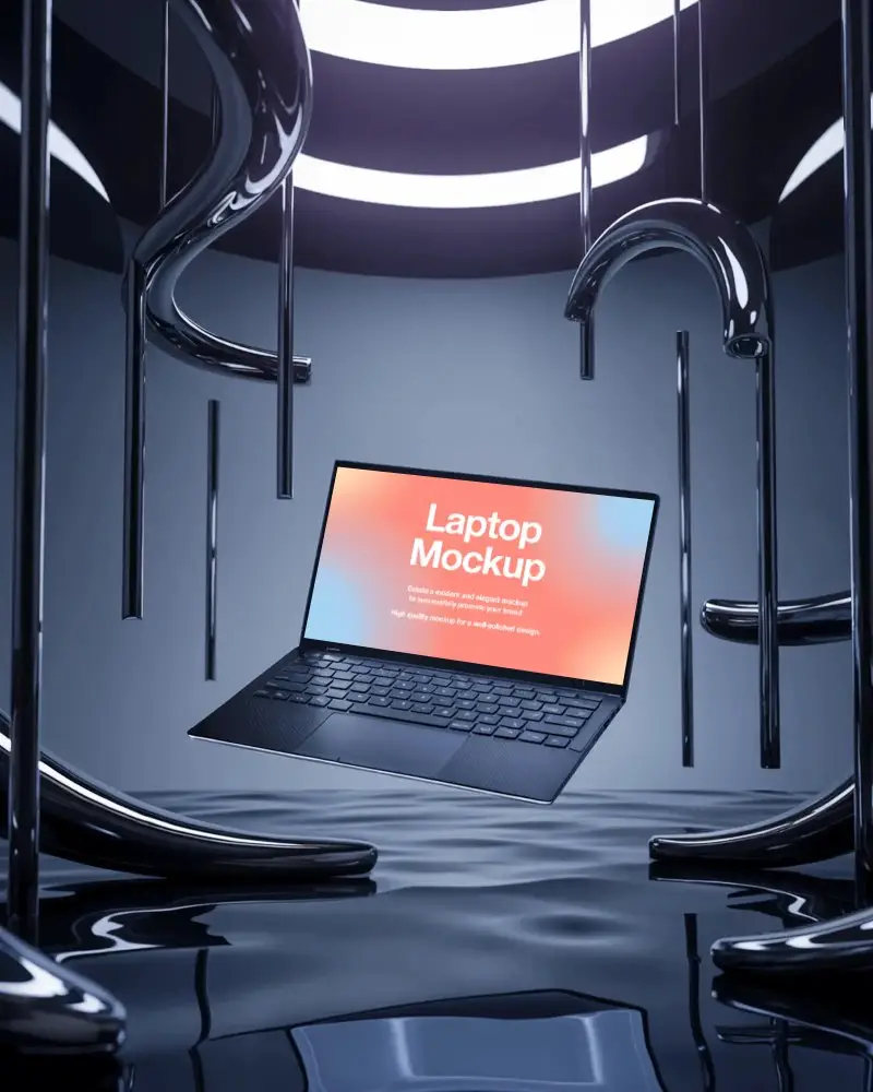 Cyberpunk Laptop Mockup Floating In Liquid Metal Room With Hanging Chrome Tubes