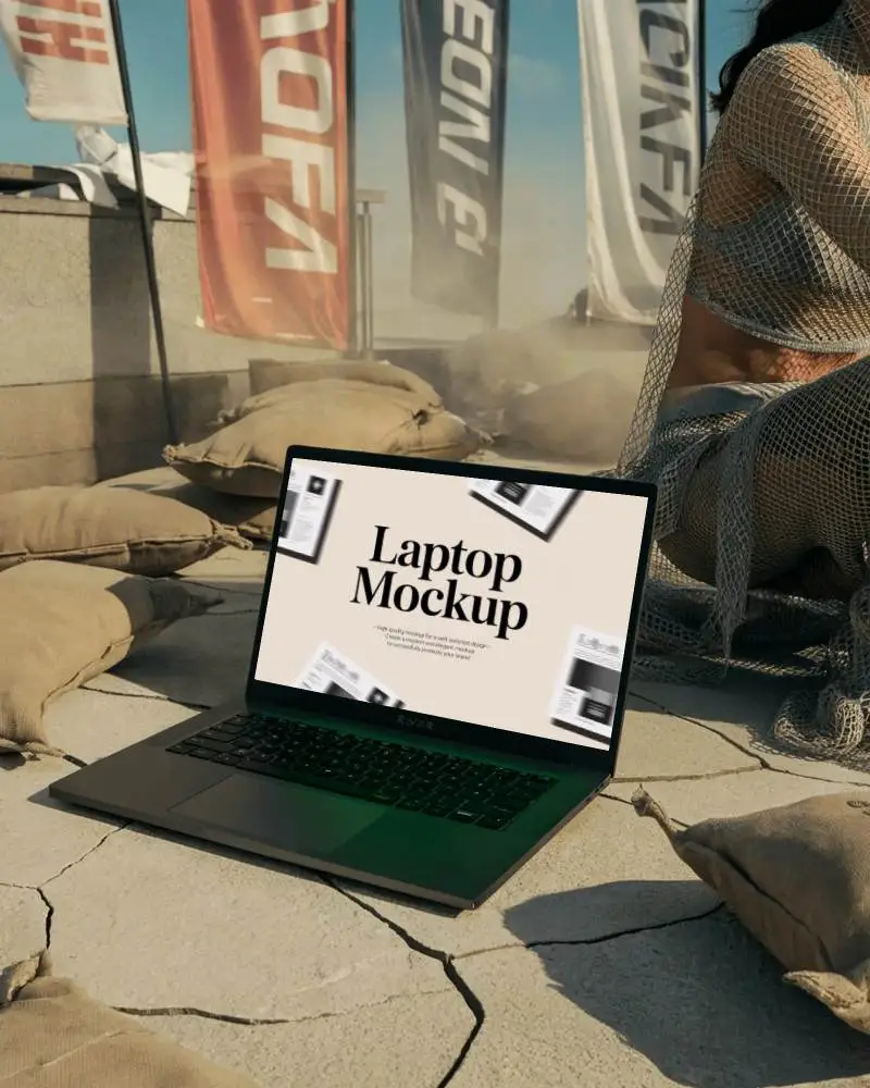Razer Windows Laptop Mockup On Cracked Rooftop Amid Sandbags And Apocalyptic Dust Storm