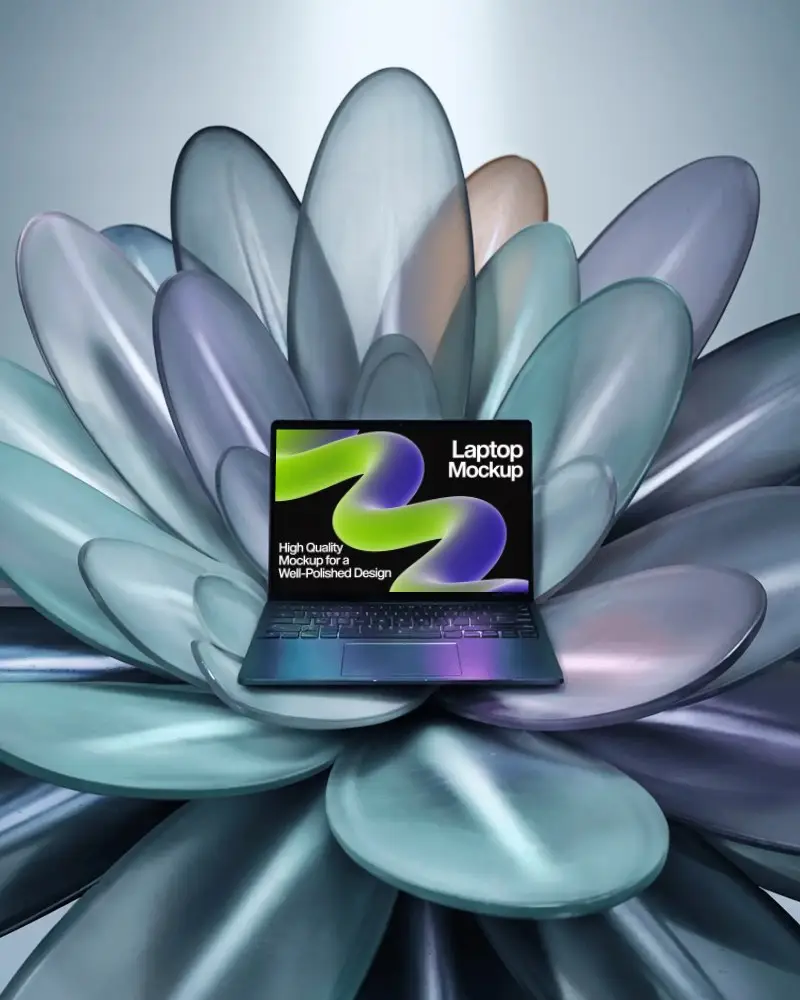 Sleek Laptop Mockup On Abstract Flower Petal Background For Modern Technology Showcase