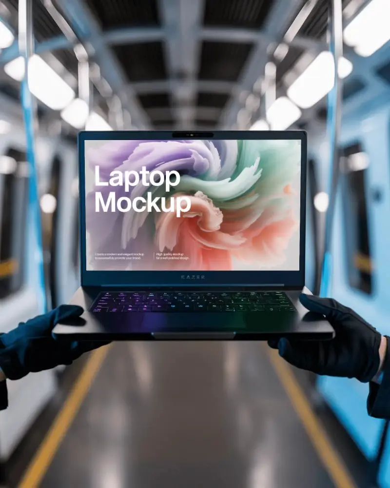 Razer Windows Laptop Mockup Held On Subway Aisle By Gloved Hands In Cinematic Metro Scene