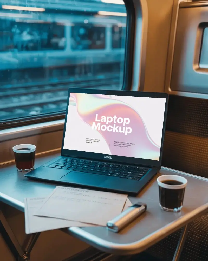 Dell Laptop Mockup On Train Table With Coffee Cups Documents And Window Track View