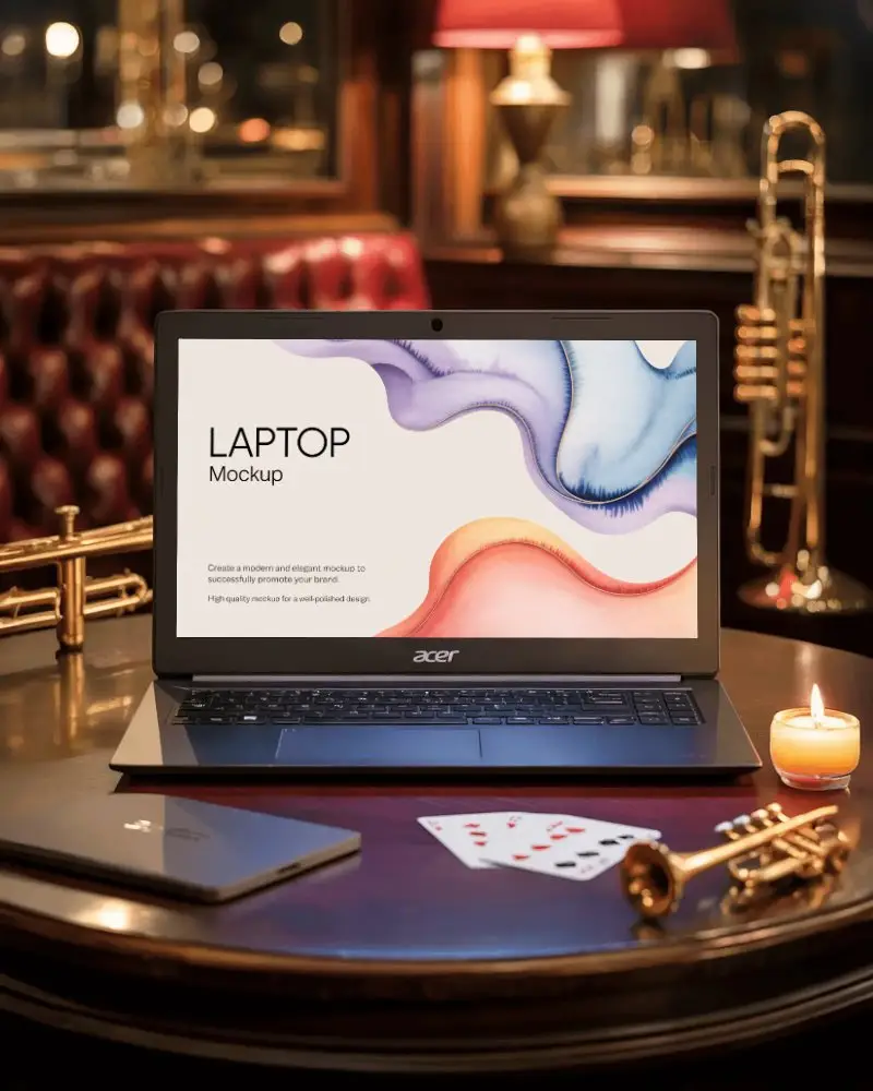 Acer Vintage Jazz Club Laptop Mockup With Trumpets Glowing Candle And Deck Of Cards