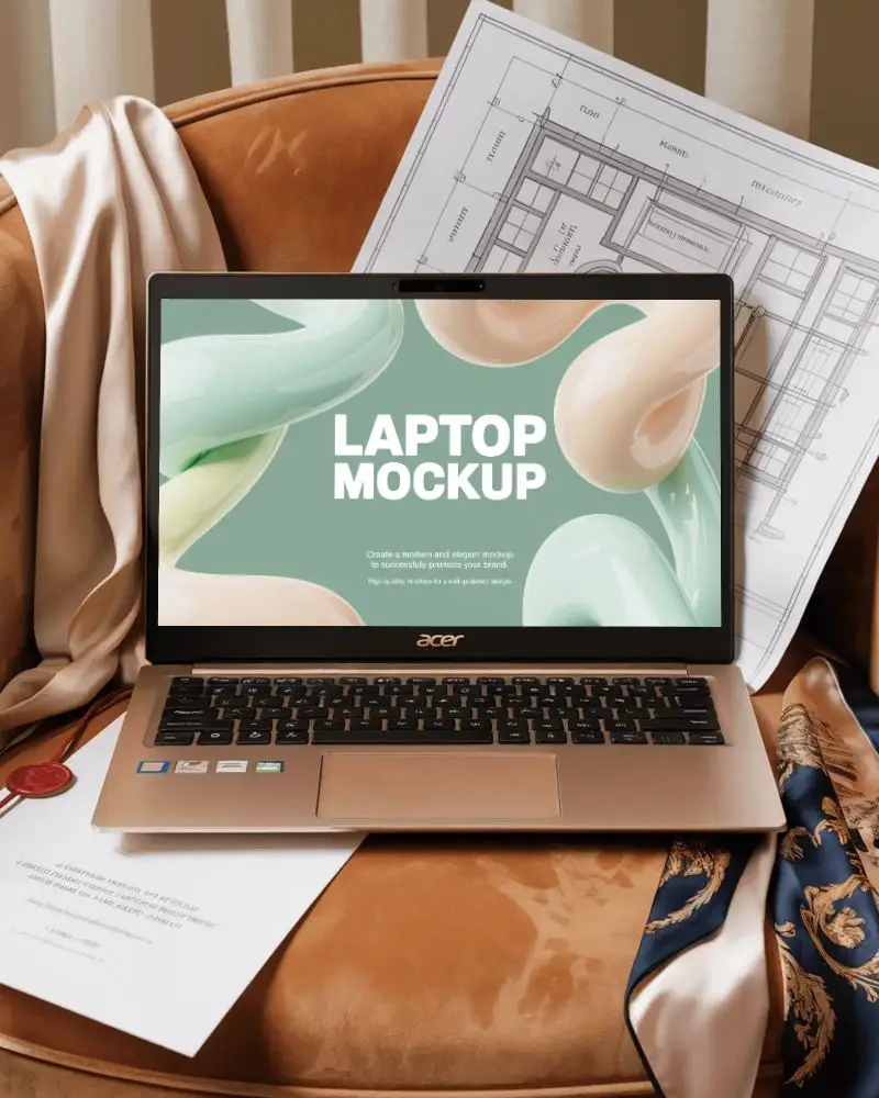 Acer Laptop Mockup On Suede Chair With Blueprints Documents And Silk Fashion Elements
