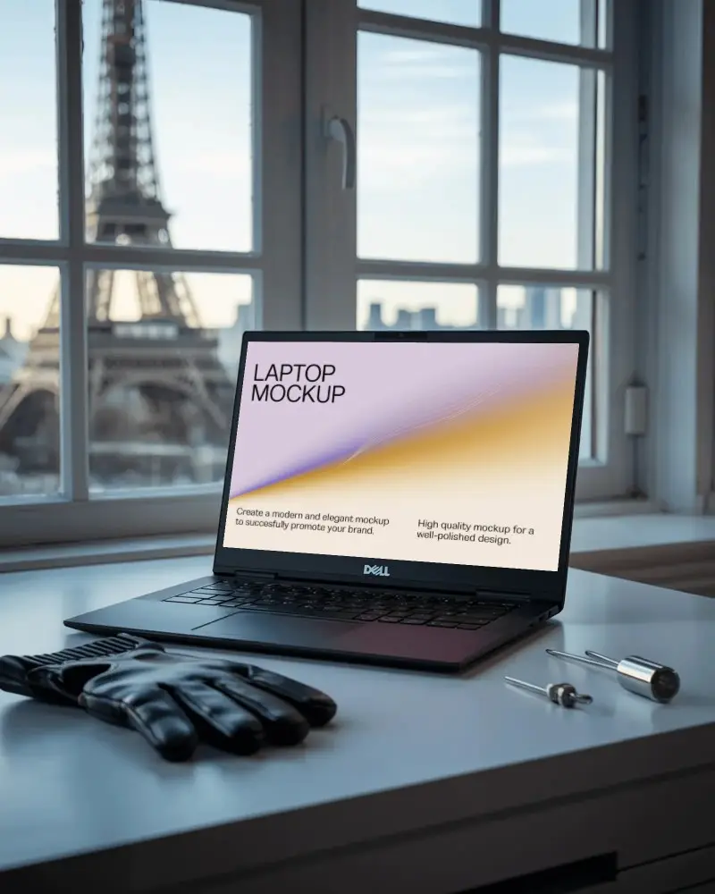 Cinematic Spy Laptop Mockup In Paris Room Overlooking Eiffel Tower And Gloved Tools