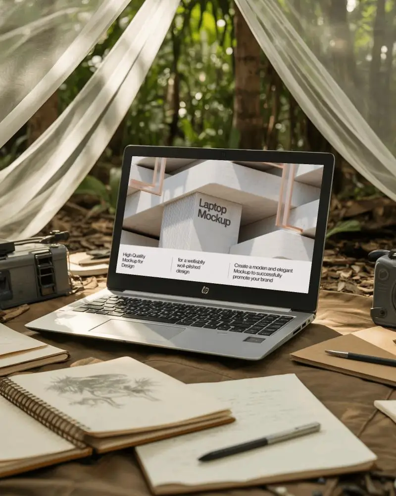 Hp Explorer Laptop Mockup Under Canopy Tent With Notebooks Cameras And Forest Backdrop