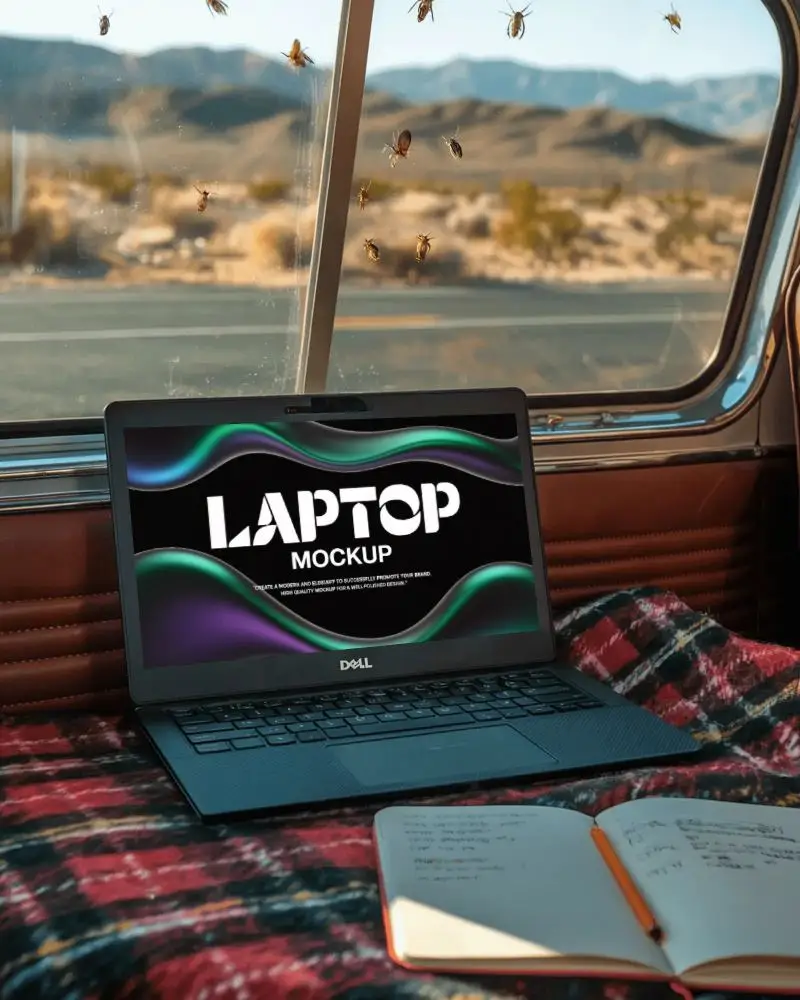 Dell Laptop Mockup In Vintage Van With Desert View Journal And Cozy Checkered Blanket