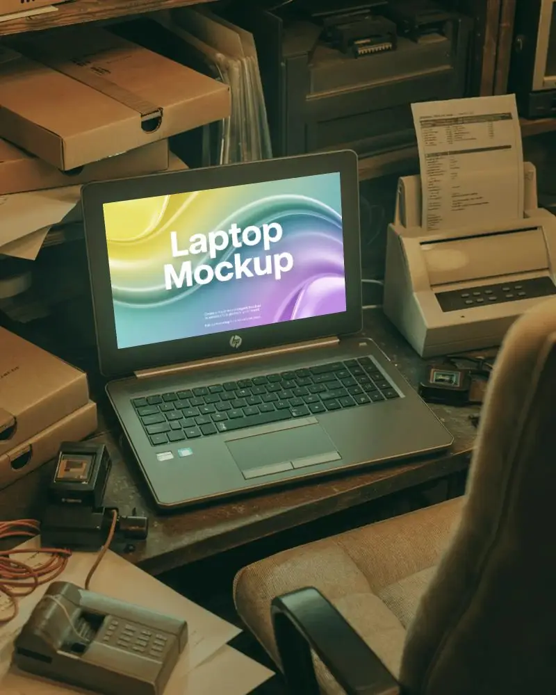 Hp Laptop Mockup In Retro Office Scene With Printer Vintage Tech And Paper Clutter