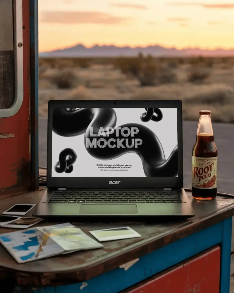Acer Laptop Mockup On Old Gas Station Counter With Map Root Beer And Desert Sunset