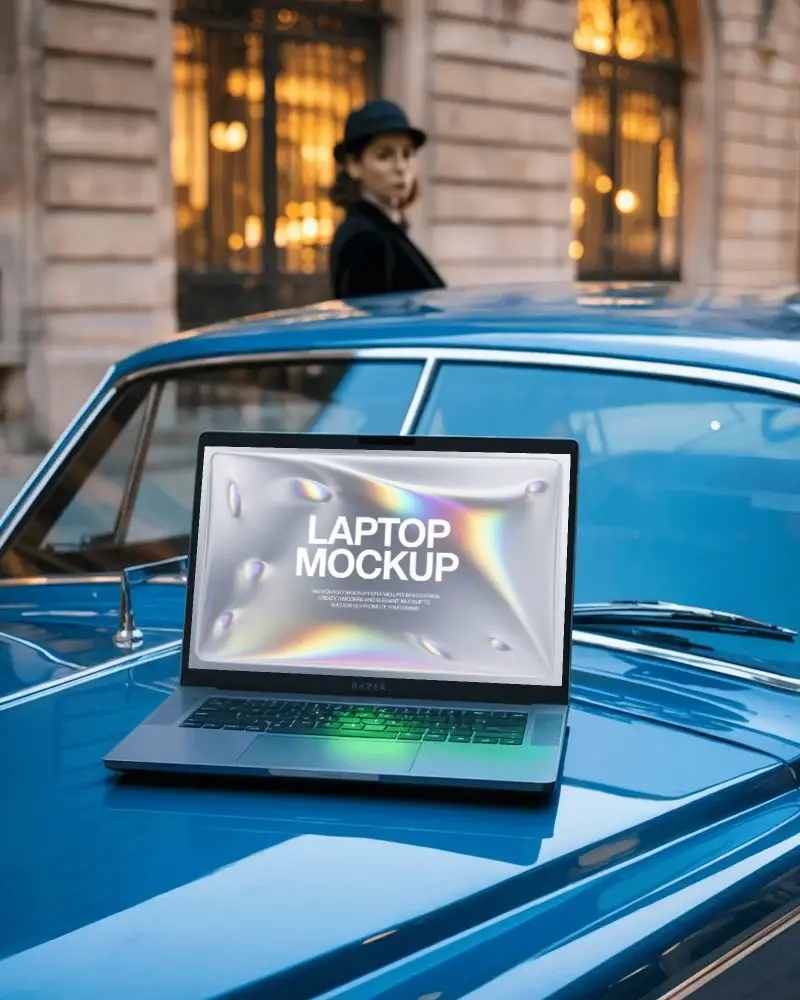 Razer Laptop Mockup On Classic Car Hood With Woman In Hat And Luxury City Backdrop