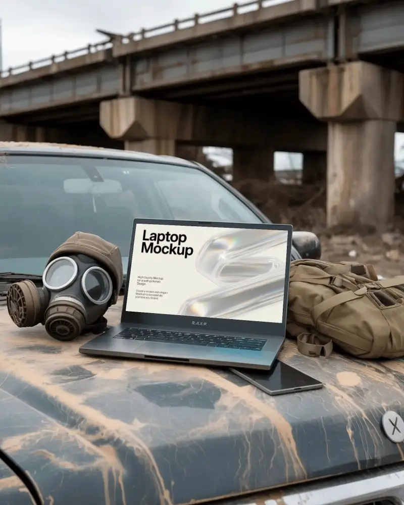 Razer Laptop Mockup On Dusty Car Hood With Gas Mask Backpack And Abandoned Overpass