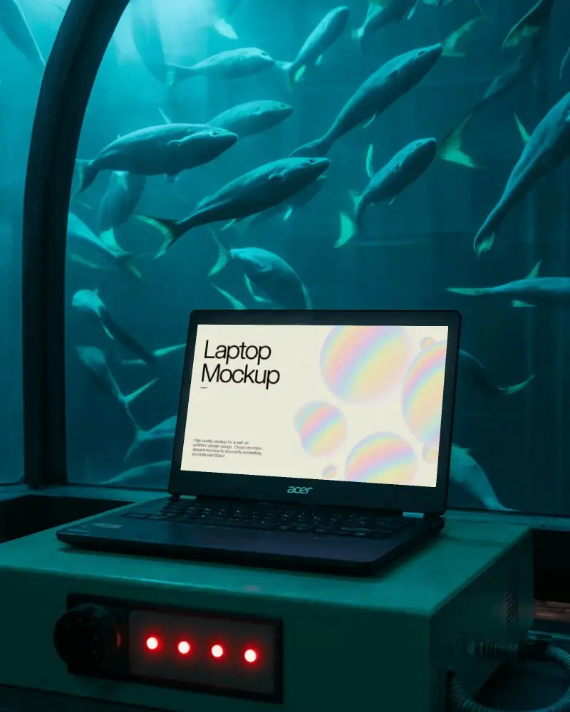 Acer Laptop Mockup In Underwater Lab With Aquarium Glass And Swimming Fish Backdrop