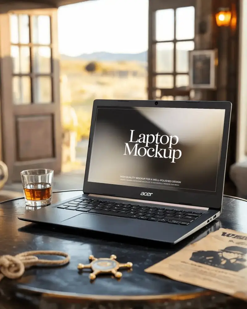 Acer Laptop Mockup On Saloon Table With Wanted Poster Rope Badge And Glass Of Whiskey
