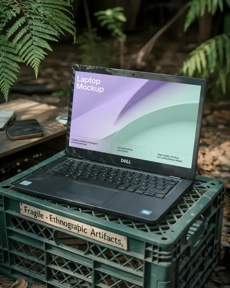 Dell Laptop Mockup On Ethnographic Artifact Crate In Forest Camp With Field Notes
