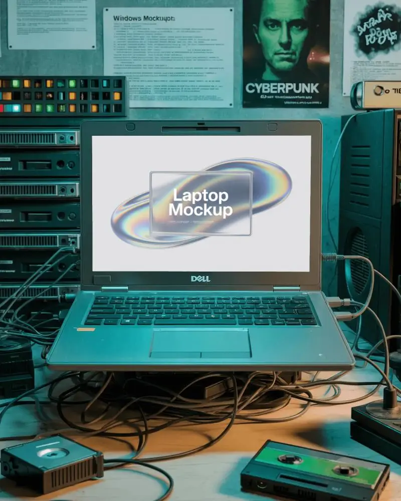 Hacker Den Dell Laptop Mockup With Vhs Cables And Vintage Tech In Moody Cyberpunk Style
