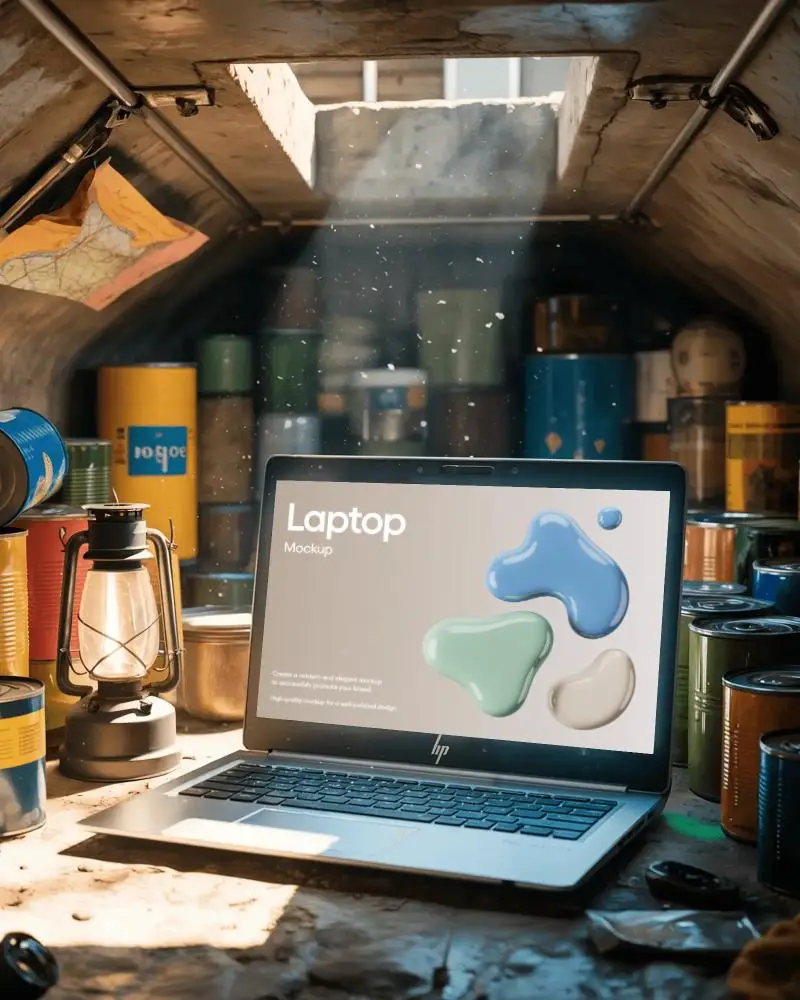 Hp Laptop Mockup In Underground Bunker With Canned Food Lantern And Sunlight Rays