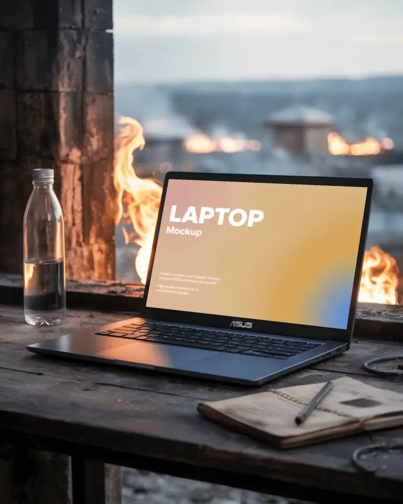 Asus Laptop Mockup On Charred Table With Fire Blaze Outside And War Zone Backdrop