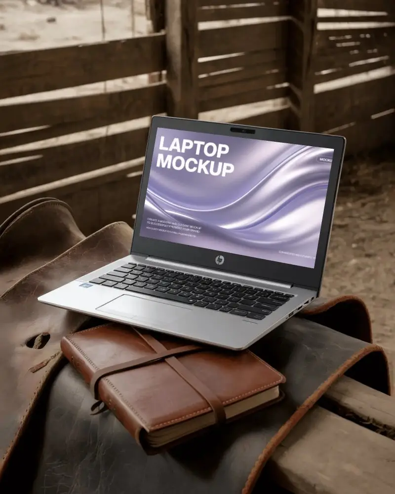 Hp Laptop Mockup On Leather Saddle With Journal In Rustic Barn And Wooden Backdrop