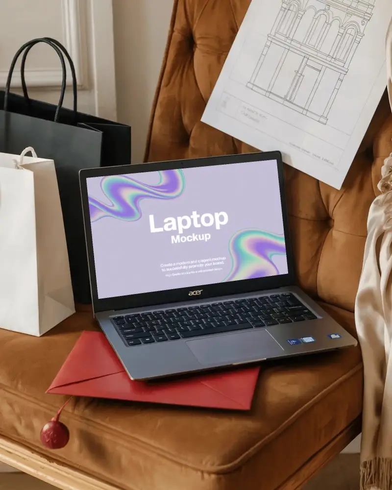Acer Laptop Mockup On Velvet Chair With Shopping Bags Envelope And Architectural Drawing