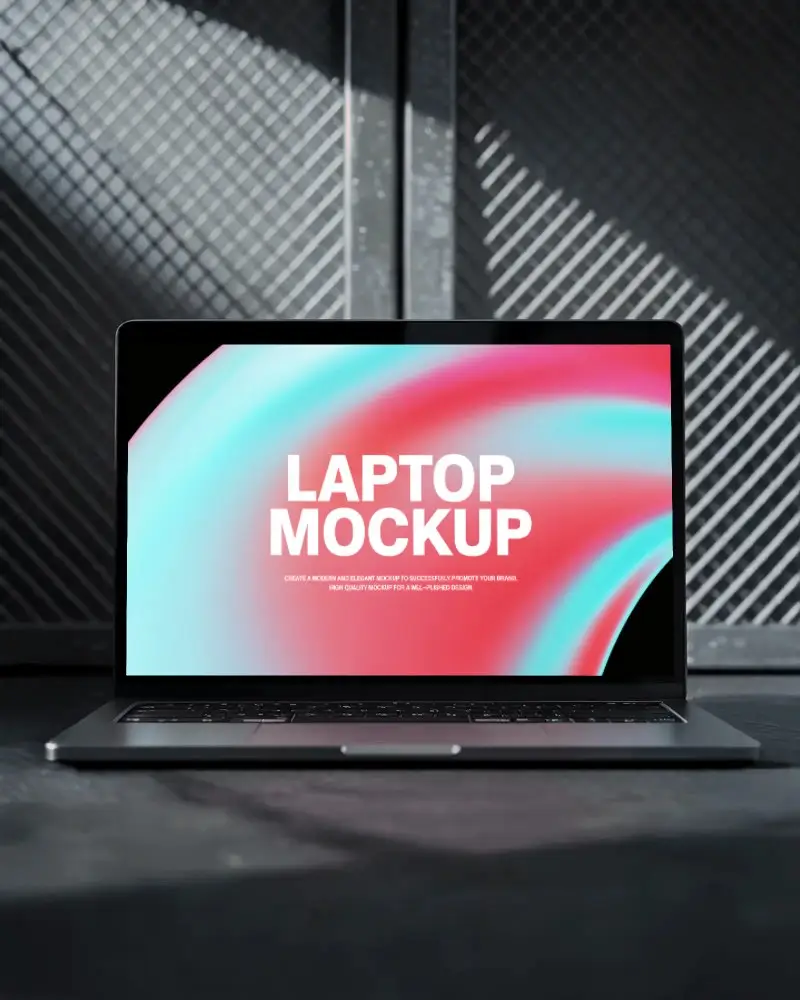 Sleek Minimalist Laptop Mockup On Dark Surface With Metallic Grid Background