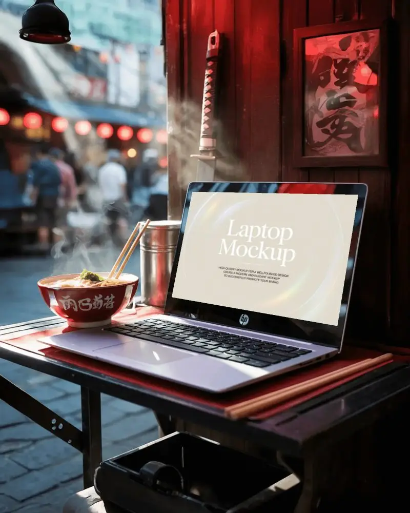 hp-laptop-mockup-on-street-food-stall-with-steaming-ramen-bowl-and-urban-market-vibes