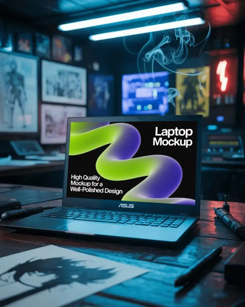 asus-laptop-mockup-on-wooden-desk-with-anime-artwork-and-cyberpunk-gaming-room-setup