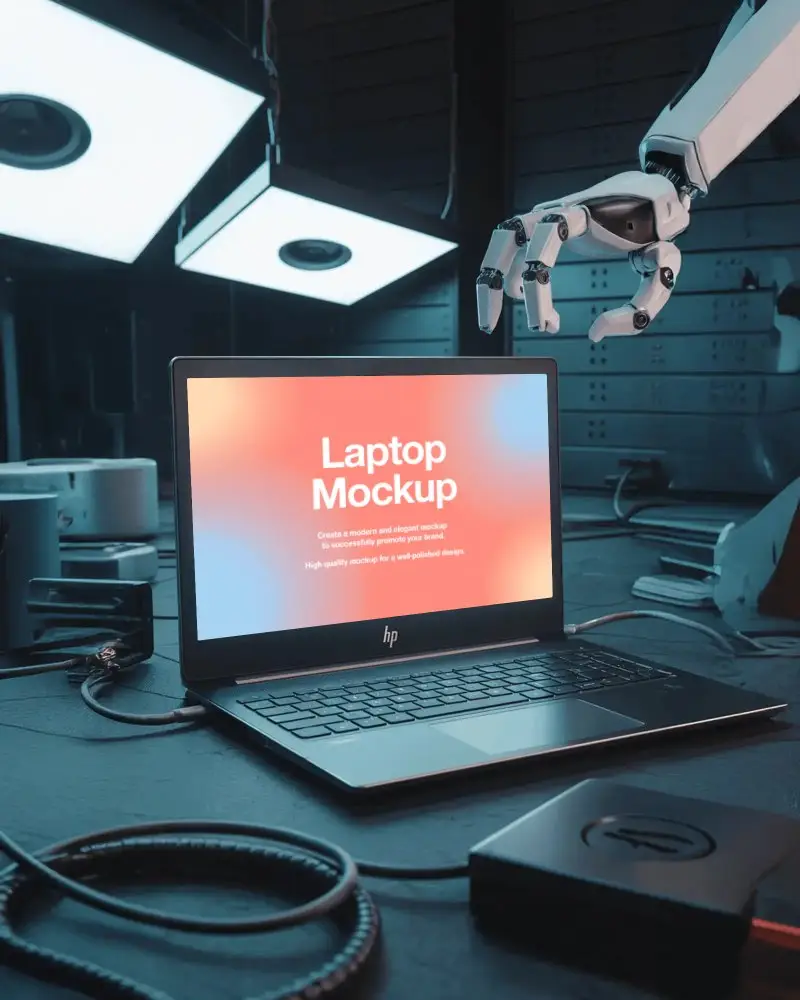 hp-laptop-mockup-in-futuristic-lab-with-robotic-arm-and-modern-tech-gadget-setup