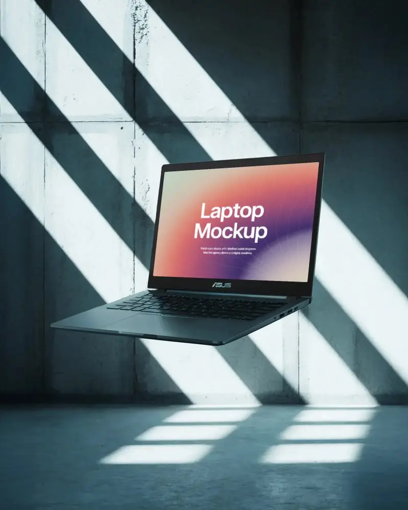 floating-asus-laptop-mockup-in-sunlit-room-with-concrete-wall-and-dramatic-shadows
