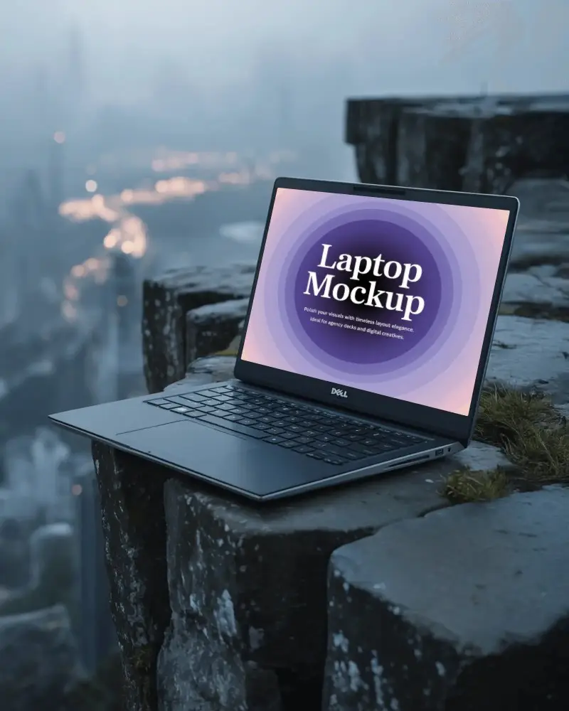 dell-laptop-mockup-on-rocky-cliff-edge-with-misty-cityscape-view-in-dramatic-atmosphere