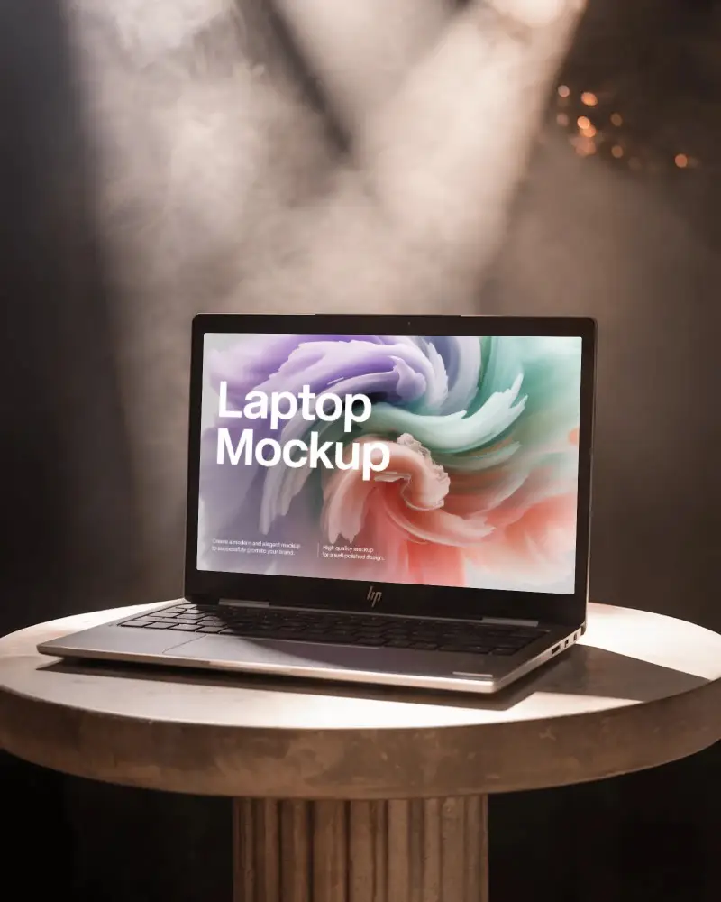 hp-laptop-mockup-on-round-pedestal-table-with-dramatic-spotlight-and-smoky-background