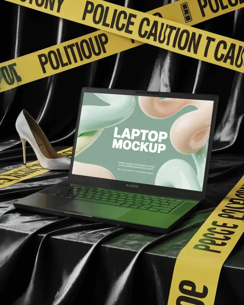 razer-gaming-laptop-mockup-on-black-surface-with-police-caution-tape-and-high-heel