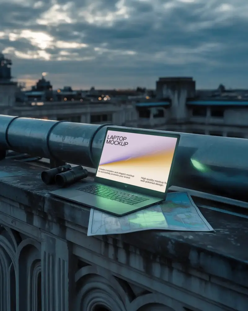 razer-laptop-mockup-on-urban-rooftop-with-binoculars-and-map-under-dramatic-sky
