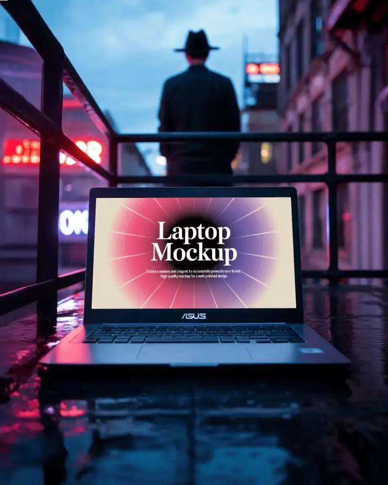 asus-laptop-mockup-on-wet-urban-street-with-mysterious-man-in-hat-under-neon-lights