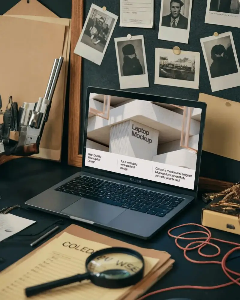 razer-laptop-mockup-on-detective-desk-with-case-files-magnifying-glass-and-photos
