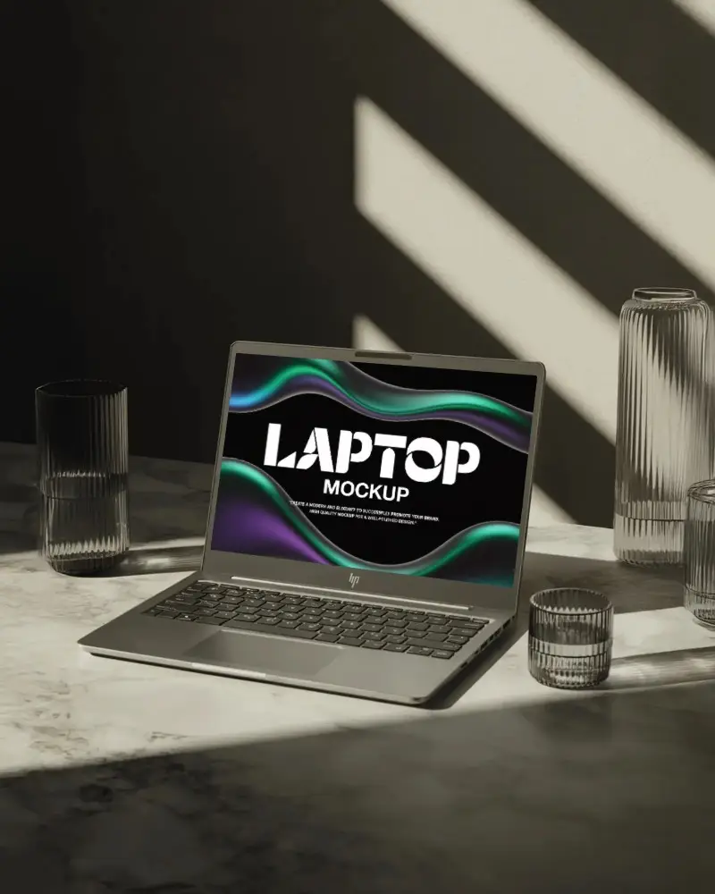 hp-laptop-mockup-on-marble-table-with-glassware-and-dramatic-sunlight-shadows
