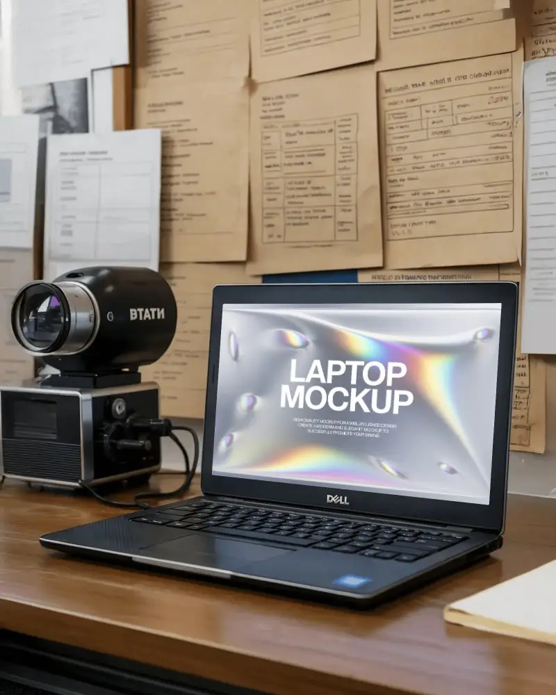 dell-laptop-mockup-on-office-desk-with-projector-and-documents-in-research-setting
