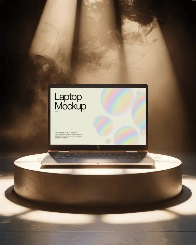 hp-laptop-mockup-on-round-stage-platform-with-dramatic-spotlights-and-smoky-background