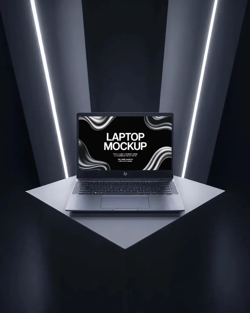 hp-laptop-mockup-on-geometric-platform-with-futuristic-neon-lighting-in-dark-studio
