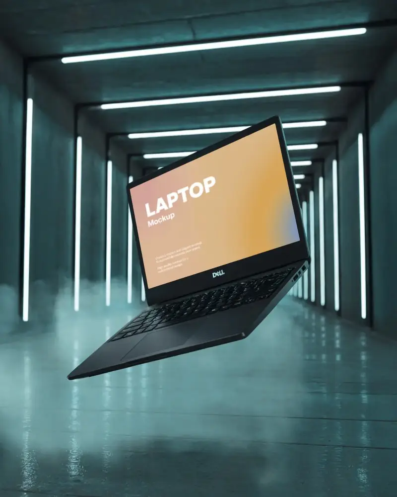 futuristic-dell-laptop-mockup-floating-in-neon-lit-hallway-with-fog-and-modern-design