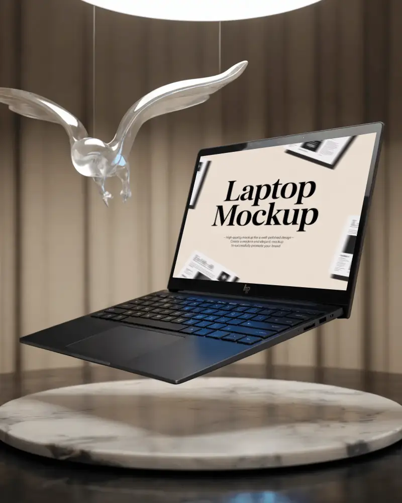 High Tech Laptop Mockup In Midair Surrounded By Floating Glass Like Shapes And Light