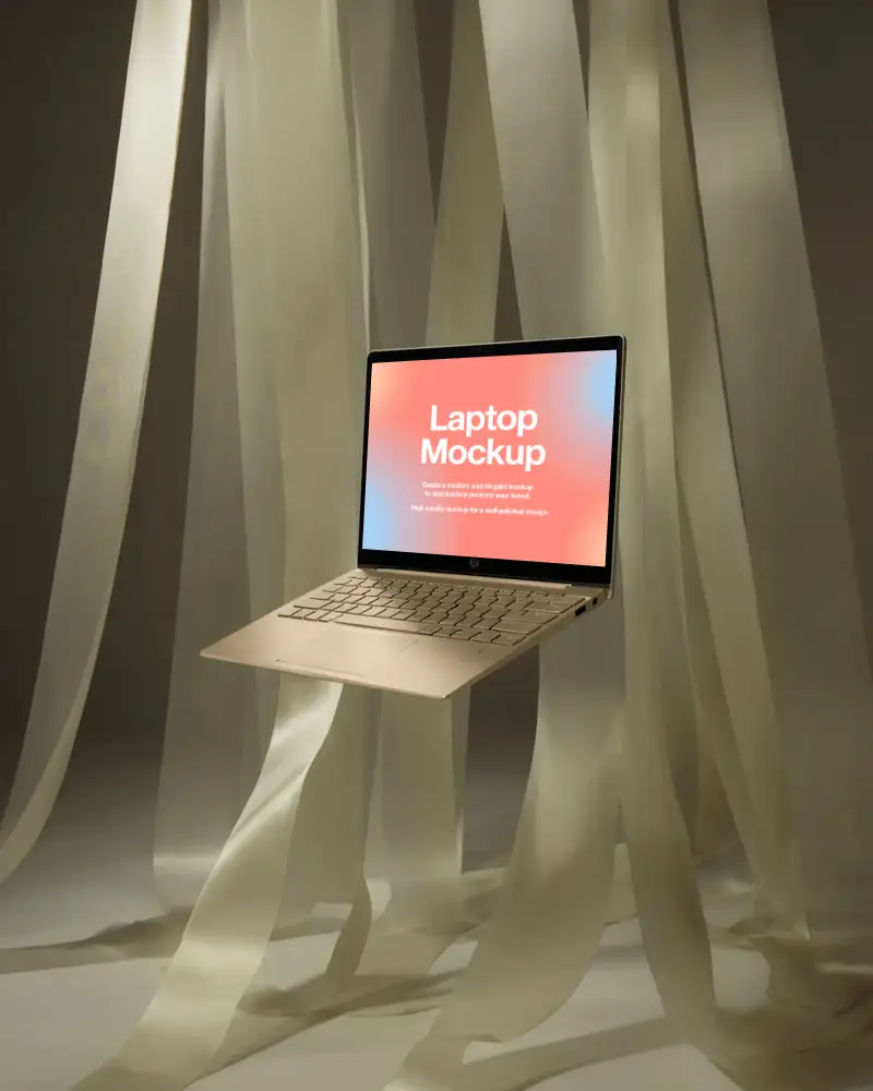 Hp Sleek Modern Thin Laptop Mockup Among Soft Transparent Fabric For Creative Technology Showcase
