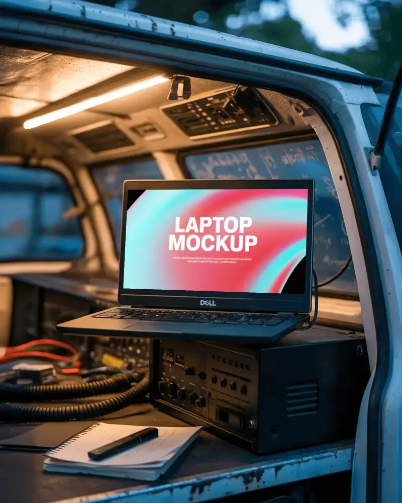 Modern Dell Laptop Mockup Digital Device Staged In Industrial Vehicle Setting With Tech Equipment
