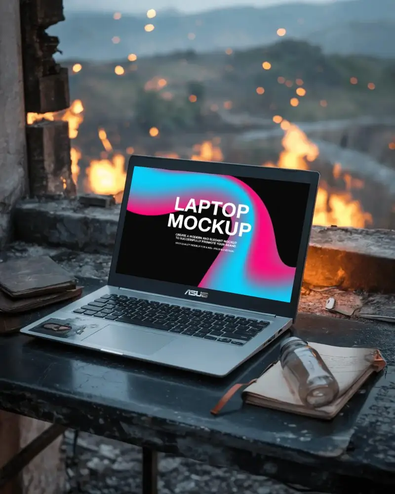 Modern Asus Laptop Mockup Digital Device On Desk In Dramatic Outdoor Setting With Fire Background